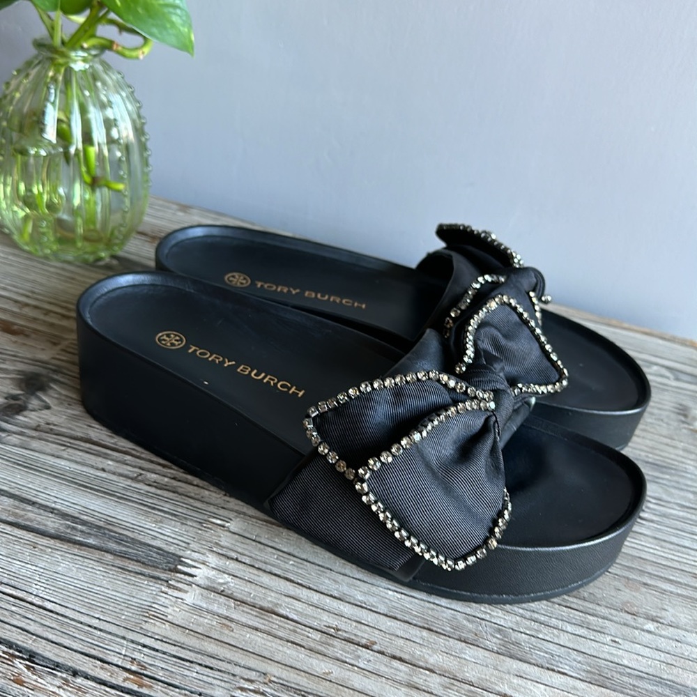 Tory Burch Black Sandals with Rhinestone Bow